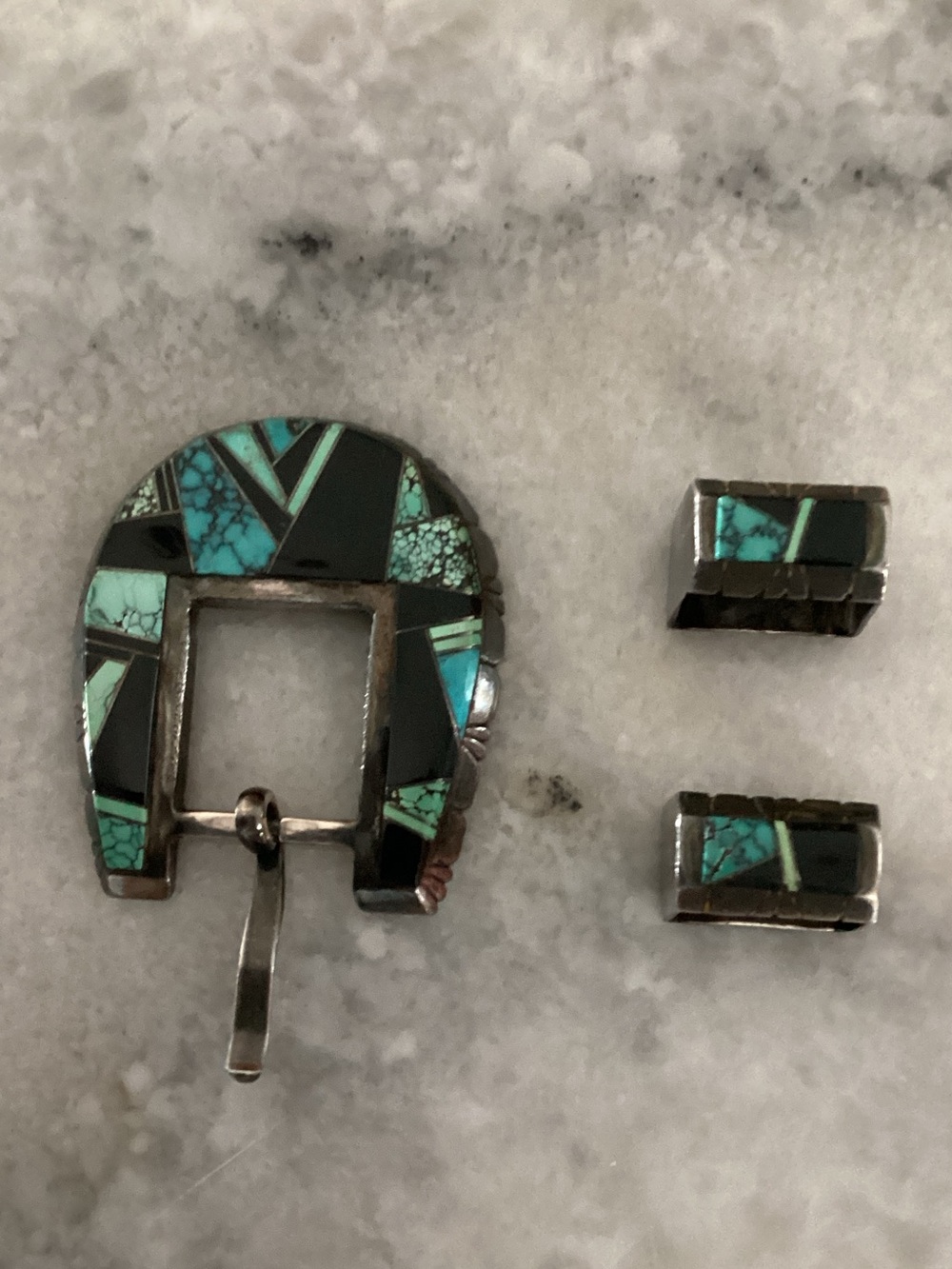Turquoise Inlay Silver Horse Shoe Belt Buckle Set - Teal Accent